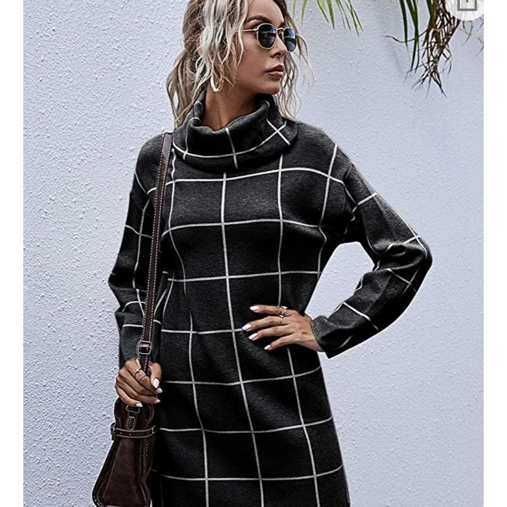PLAID BLACK WHITE SWEATER DRESS NWT - Picture 4 of 6